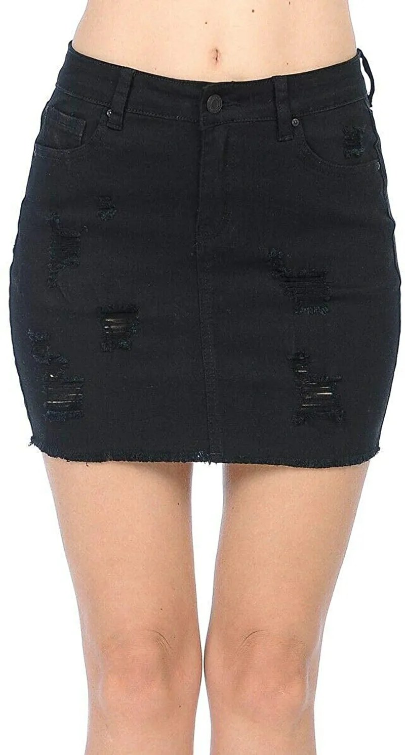 Wax Women's Juniors Casual Distressed A-Line Denim Short Skirt