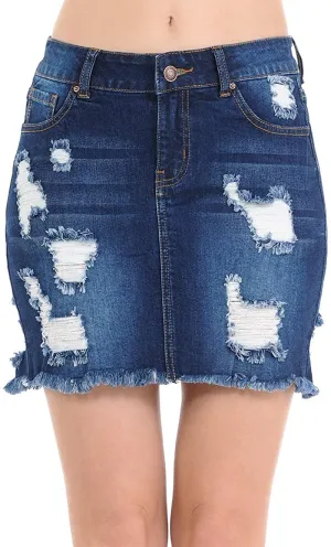 Wax Women's Juniors Casual Distressed A-Line Denim Short Skirt