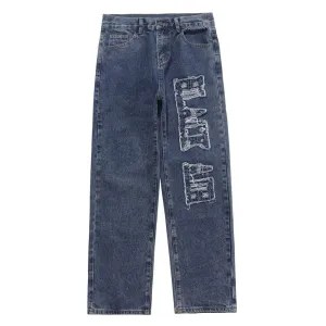 WLS Solid Color Embroidered Letter Digital Jeans