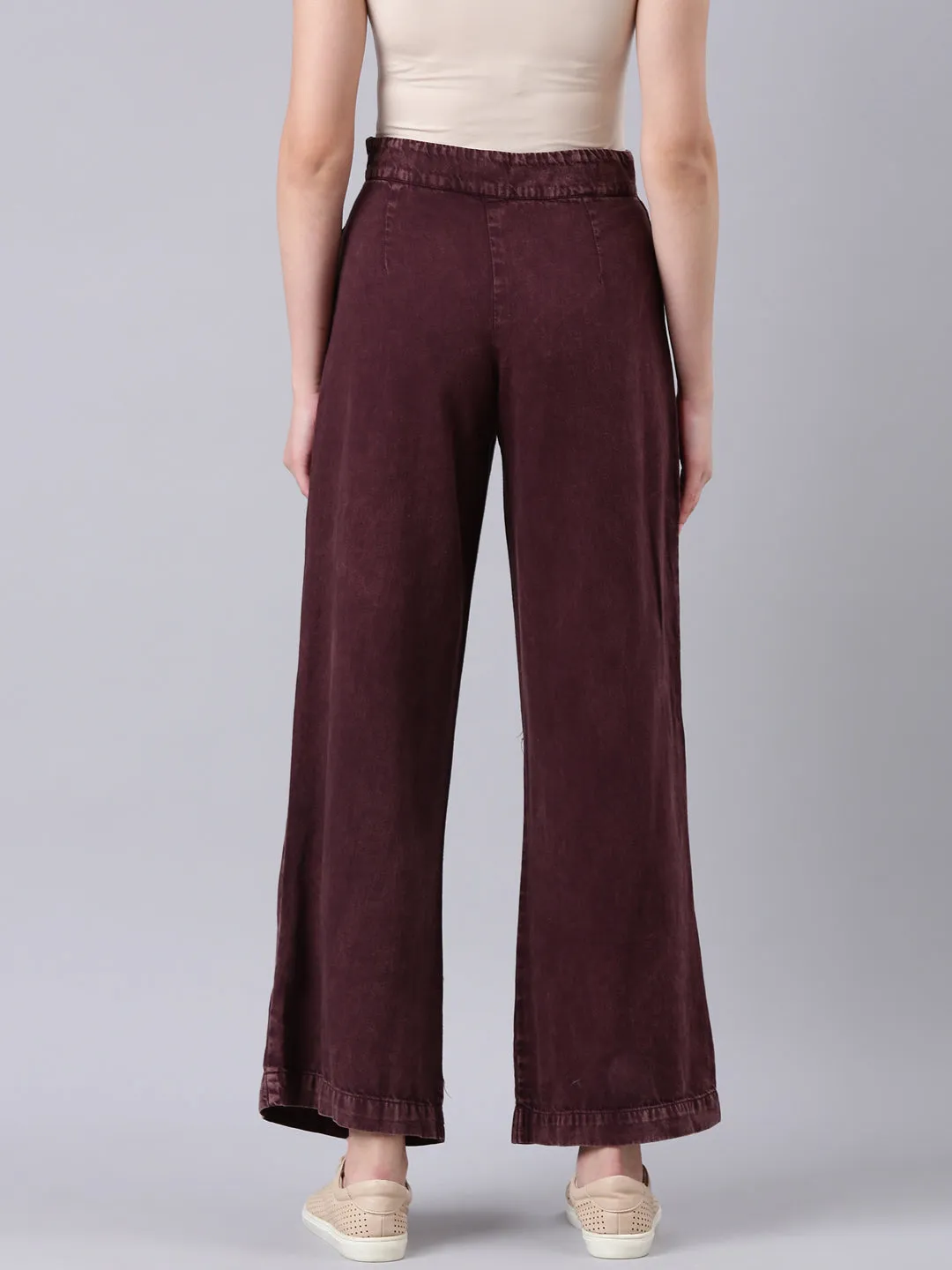 Women Burgundy Solid Wide Leg Denim Jeans