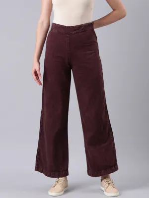 Women Burgundy Solid Wide Leg Denim Jeans