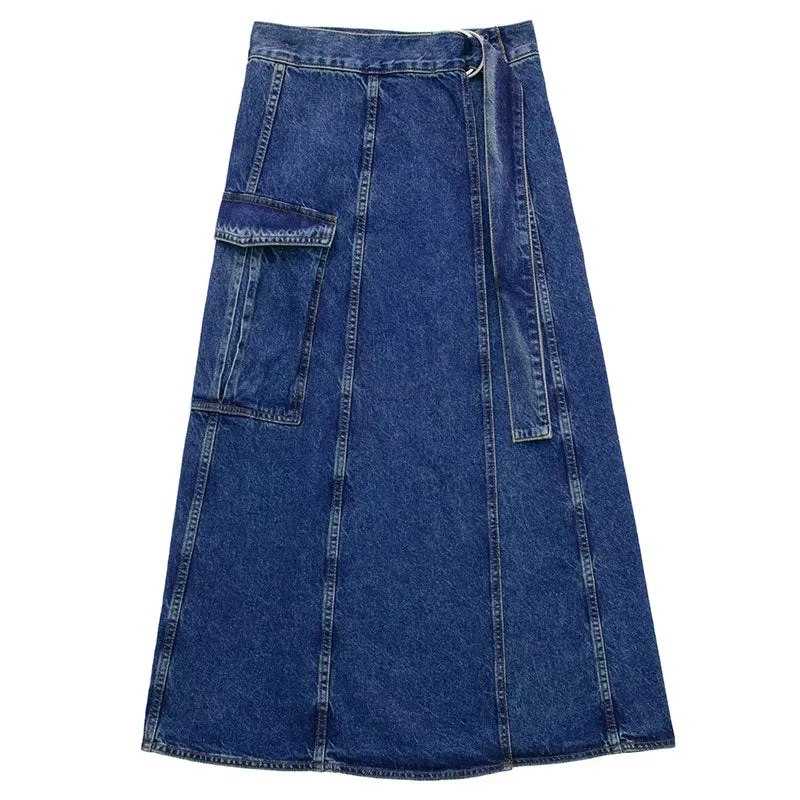 Women's Front Slit Blue Denim Skirt Pockets High Waist Slim Zipper Fly Midi Skirts Spring Female Casual Streetwear