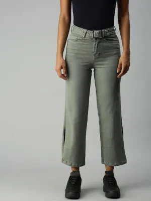 Women's Olive Solid Denim Wide Leg Jeans