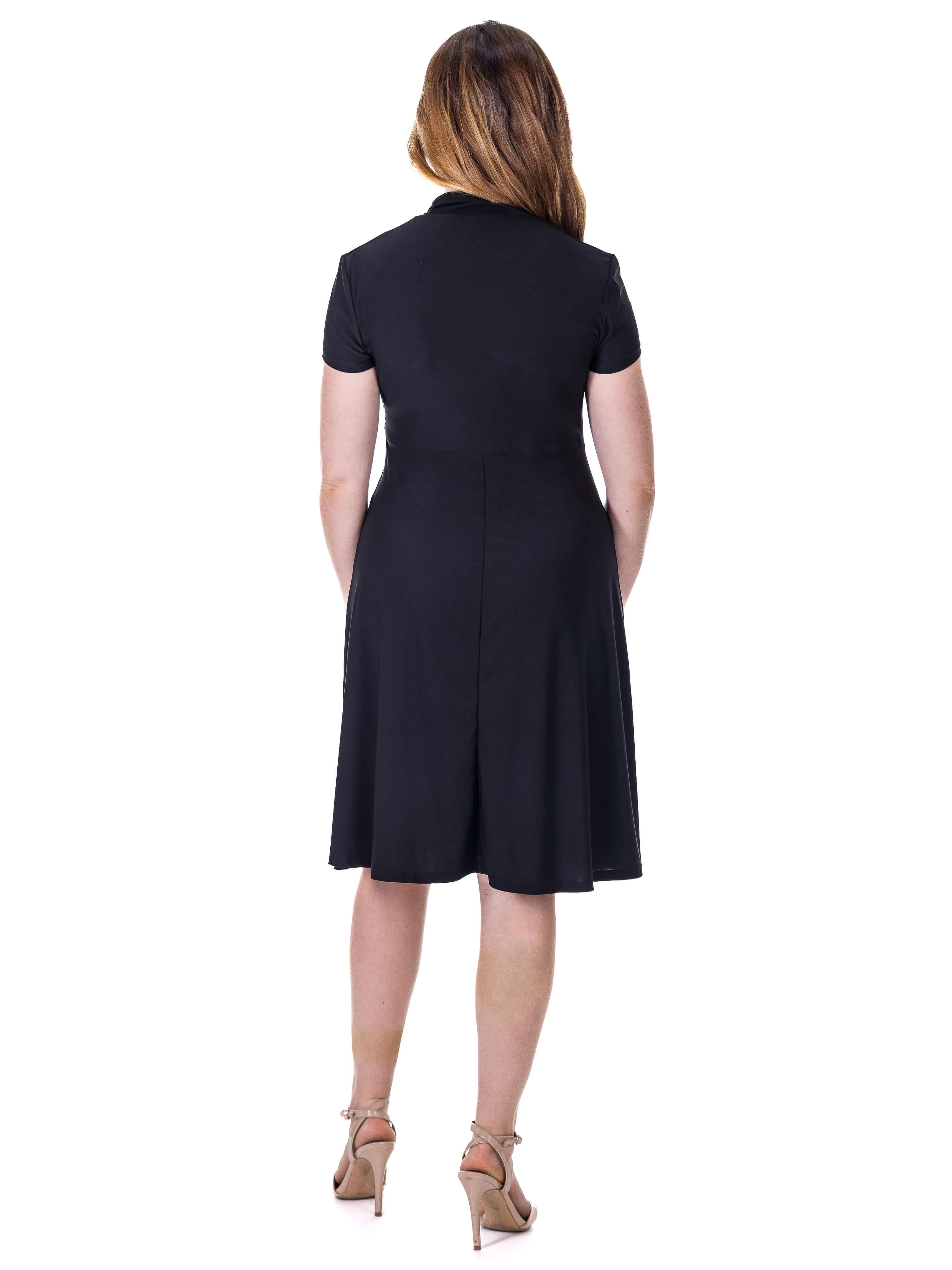 Womens Short Sleeve Knee Length V Neck Rouched Wrap Dress