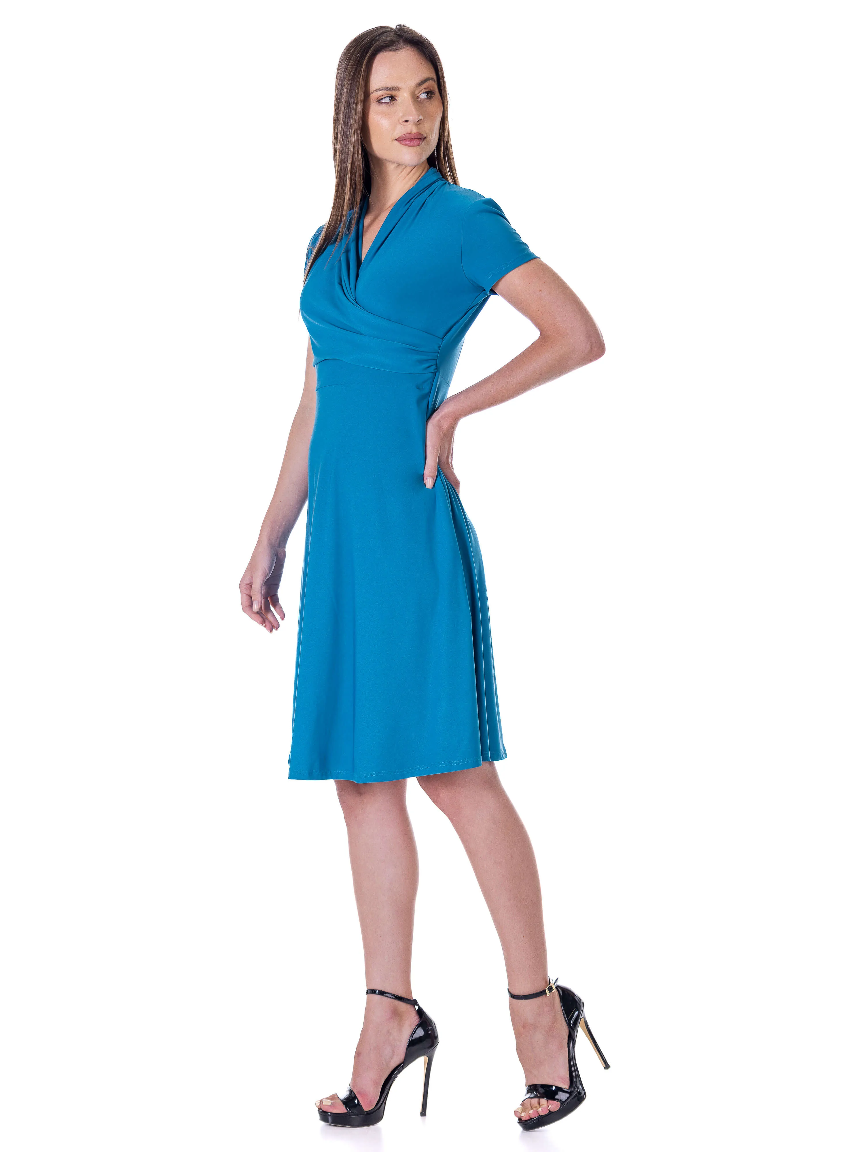 Womens Short Sleeve Knee Length V Neck Rouched Wrap Dress