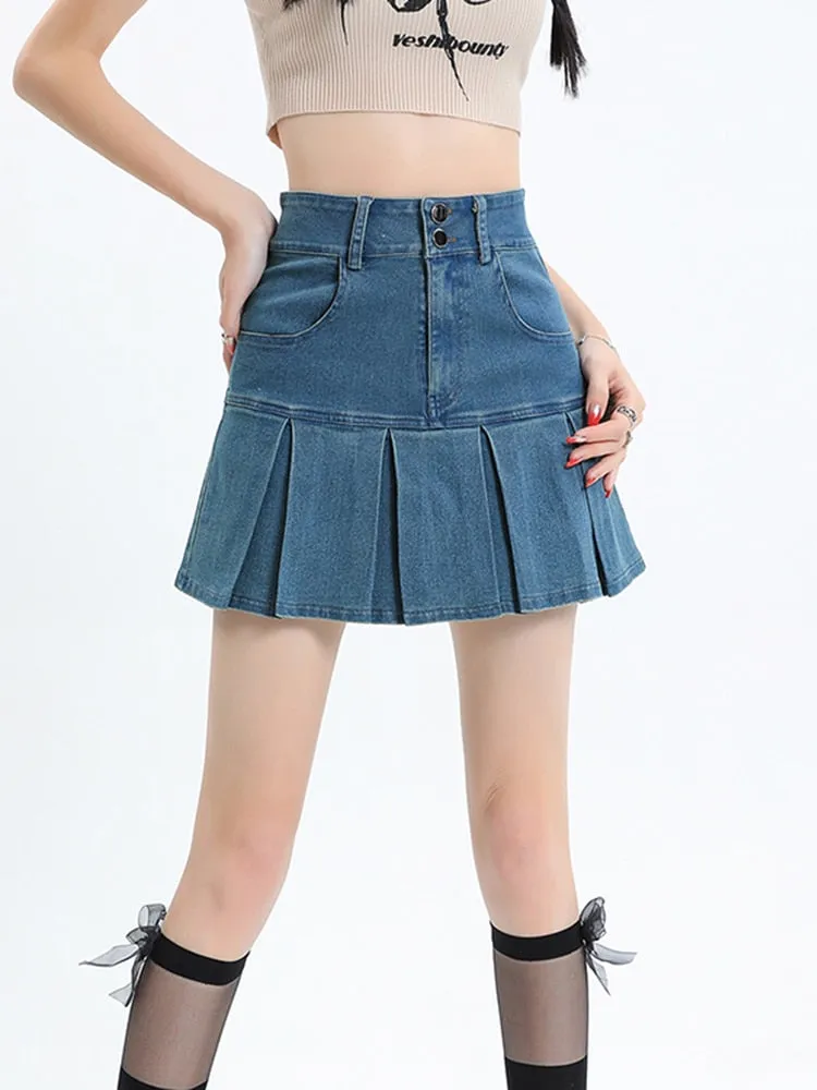 Zoki Sexy Pleated Women High Waist Denim Skirt Fashion Pockets A Line Skirts Summer Harajuku High Quality Vintage Skirt