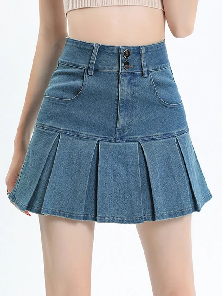 Zoki Sexy Pleated Women High Waist Denim Skirt Fashion Pockets A Line Skirts Summer Harajuku High Quality Vintage Skirt