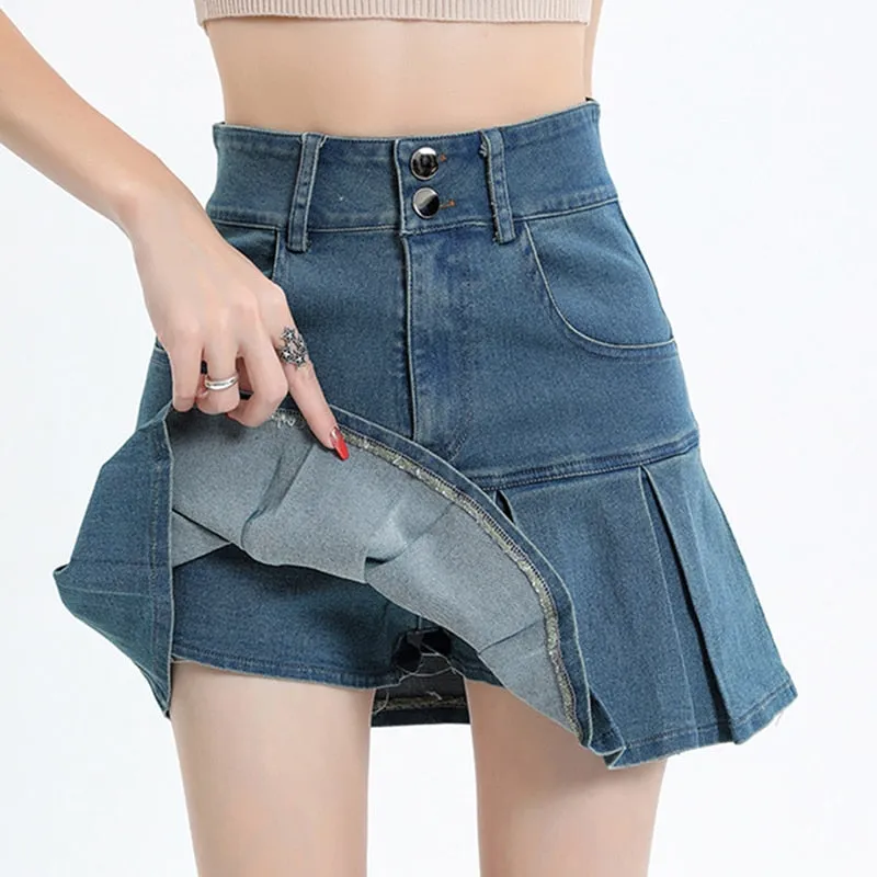 Zoki Sexy Pleated Women High Waist Denim Skirt Fashion Pockets A Line Skirts Summer Harajuku High Quality Vintage Skirt