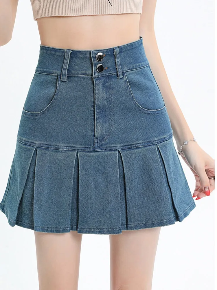 Zoki Sexy Pleated Women High Waist Denim Skirt Fashion Pockets A Line Skirts Summer Harajuku High Quality Vintage Skirt