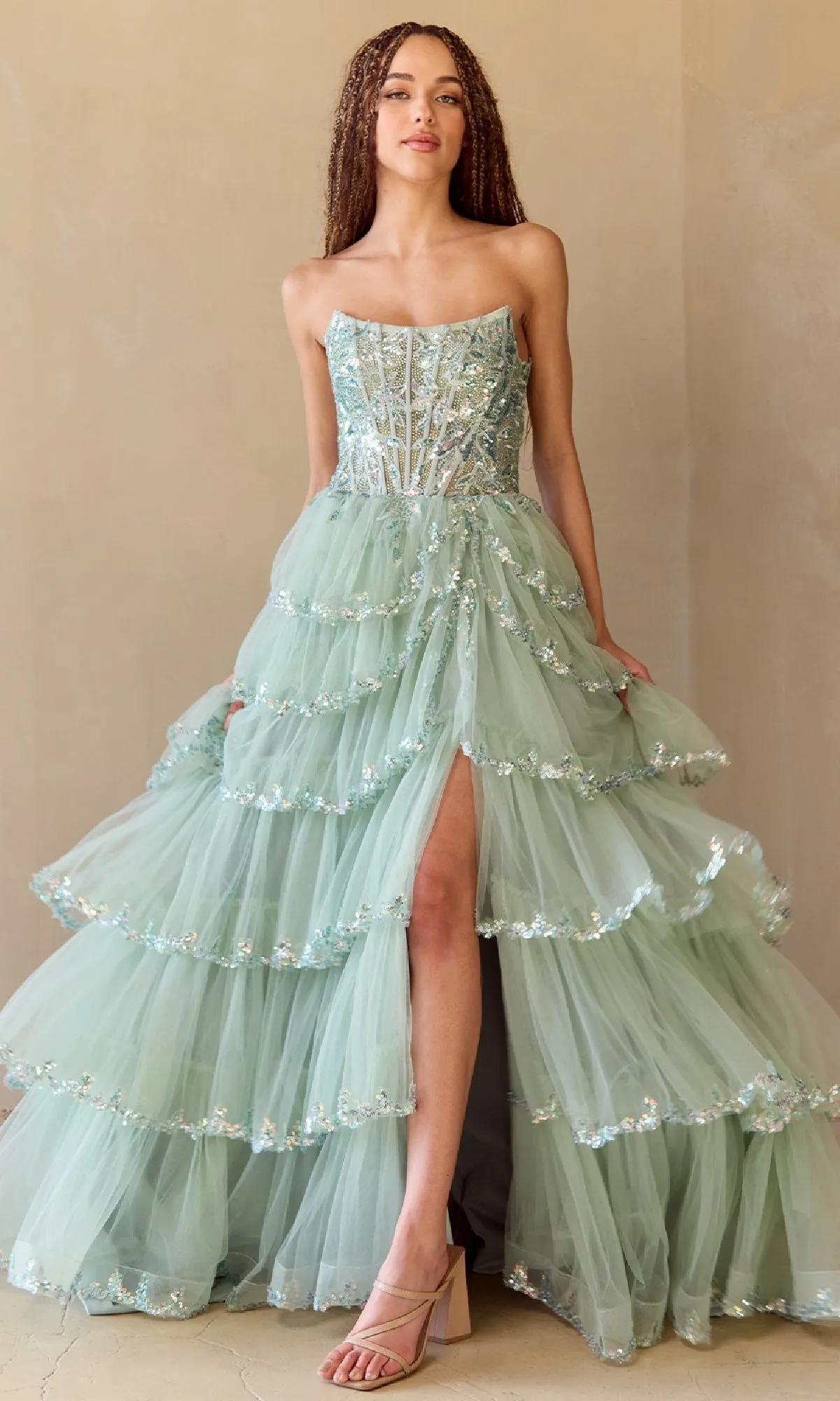 ZUZZANA Strapless Lace Applique Tulle Layered Prom & Formal Dress